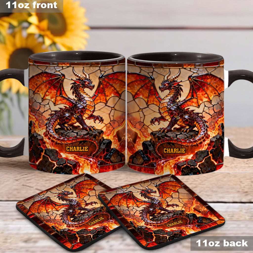 Feuerdrache – Personalisierte Tasse und Untersetzer mit Drachenmotiv