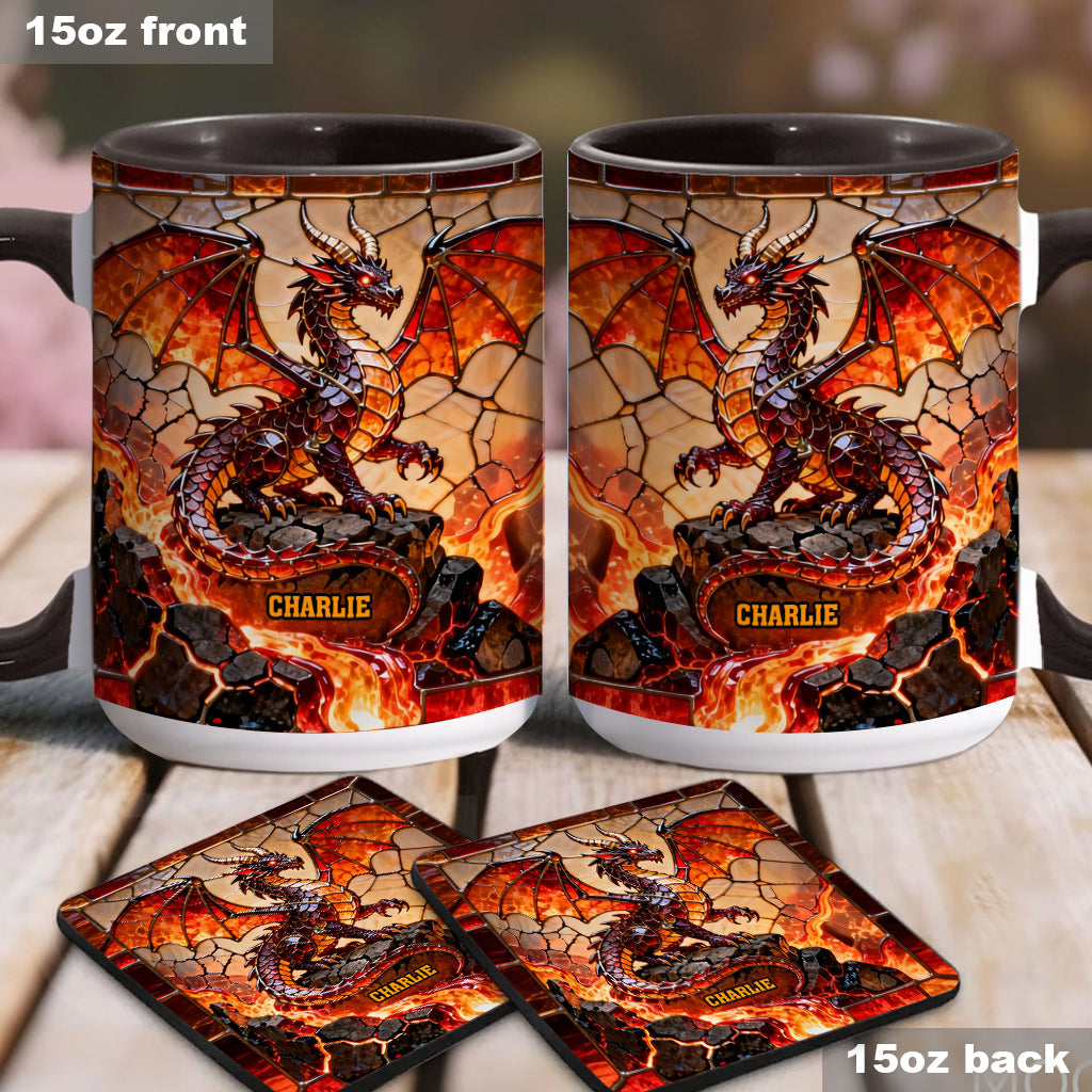 Feuerdrache – Personalisierte Tasse und Untersetzer mit Drachenmotiv