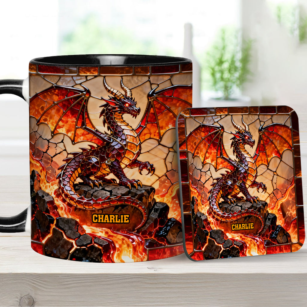 Feuerdrache – Personalisierte Tasse und Untersetzer mit Drachenmotiv