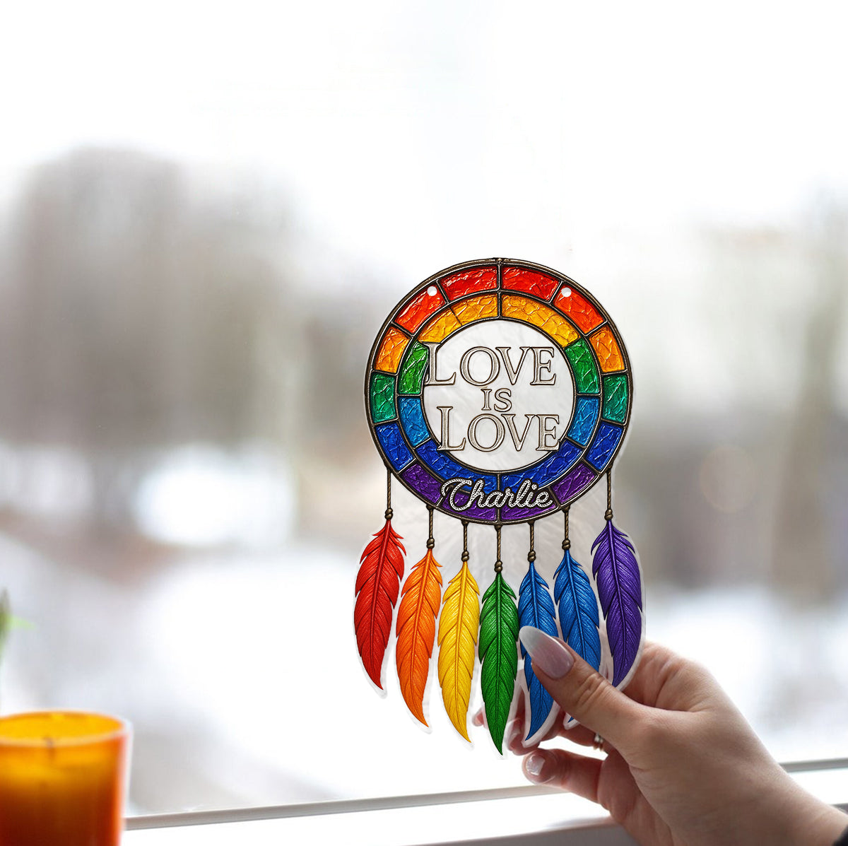 Love Is Love - Personalized LGBT Support Window Hanging Suncatcher Ornament