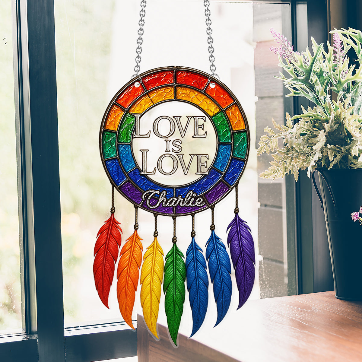 Love Is Love - Personalized LGBT Support Window Hanging Suncatcher Ornament