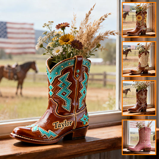 Cowboy-Stiefel – Personalisierte Acryl-Blumenvase in Country-Girl-Form