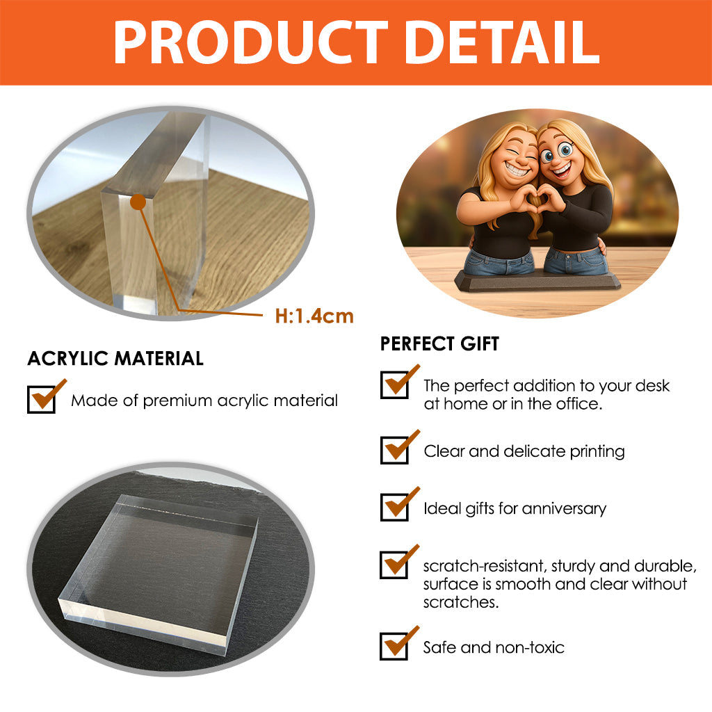 Lustiges Geschenk im cartoonhaften, übertriebenen Maskottchen-Stil – personalisierte Acrylplakette in individueller Form für die beste Freundin