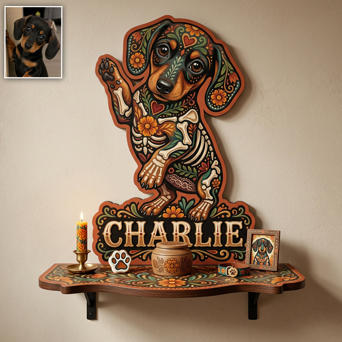 Pet Portrait Day Of The Dead Mexican Hispanic Style - Personalized Dog Wooden Floating Shelf