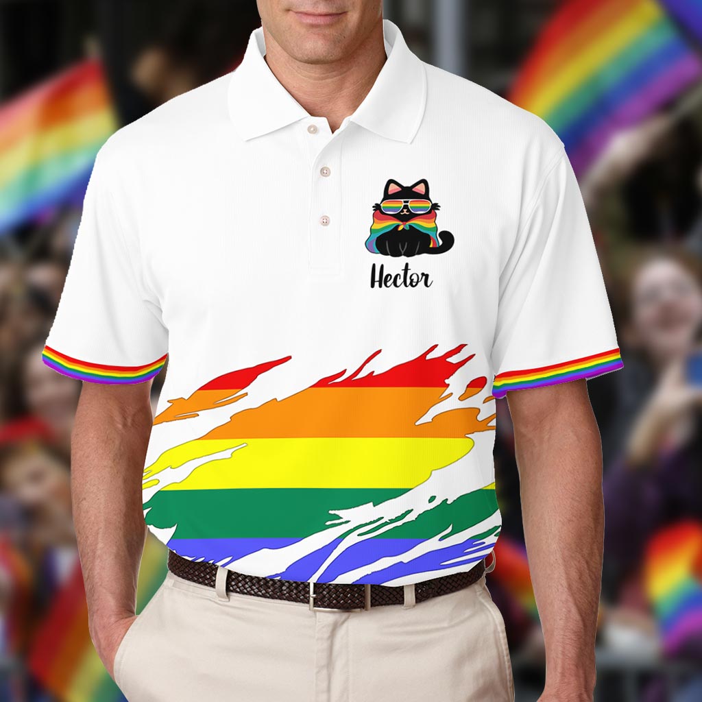 Pride-Katzen-Shirt, Retro-Regenbogenfarben – personalisiertes LGBT-Unterstützungs-Poloshirt