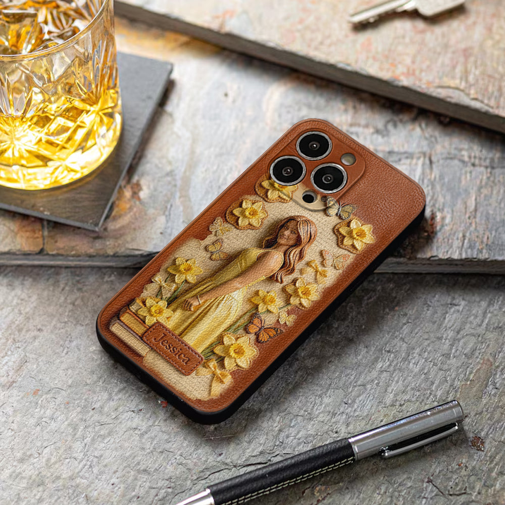 Individuell gestaltbare Handyhülle aus Leder mit Geburtsblume und Geburtsblume – ganz nach Ihrem Foto!