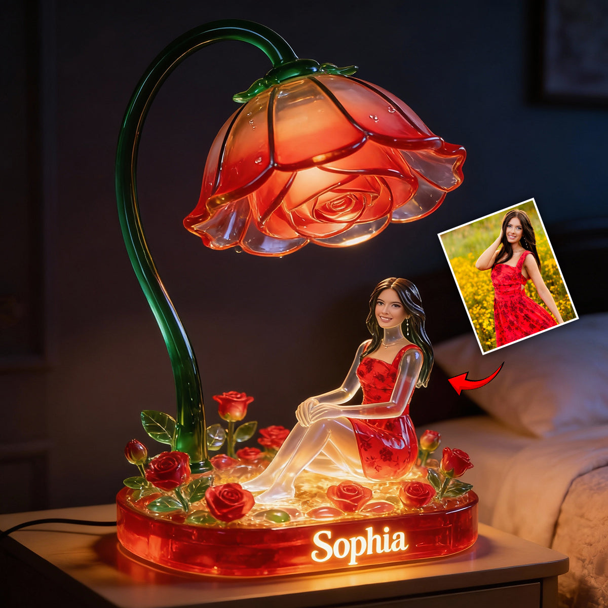 Personalisierte Geburtsblume mit Foto – Individuelle LED-Nachtleuchte aus Acryl zur Selbstliebe