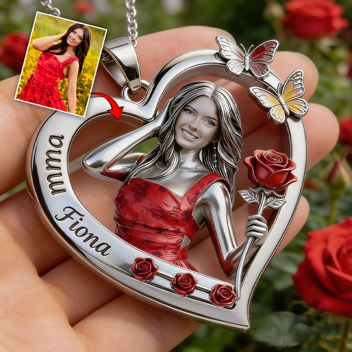 Personalisierte Halskette mit Geburtsblume und Foto – Anhänger in Form einer Liebesblume