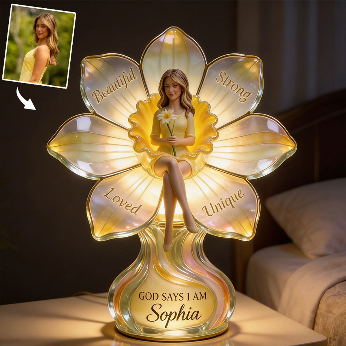 Geburtsblume nach Wunsch – personalisiertes LED-Nachtlicht aus Acryl zur Selbstliebe (Foto nach Wunsch)