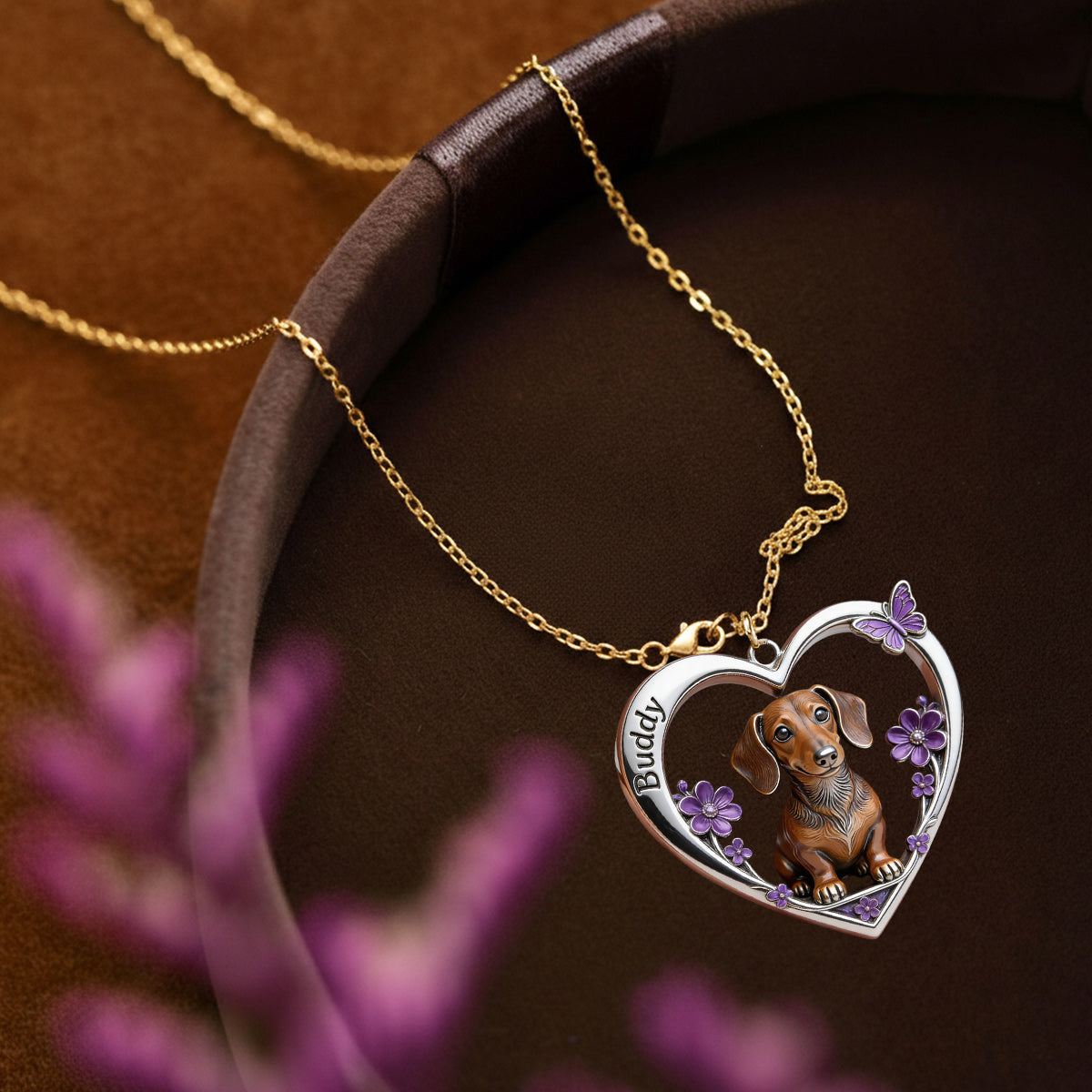 Any Photo Love My Pet Custom Flower - Personalized Dog Shaped Metal Pendant Necklace