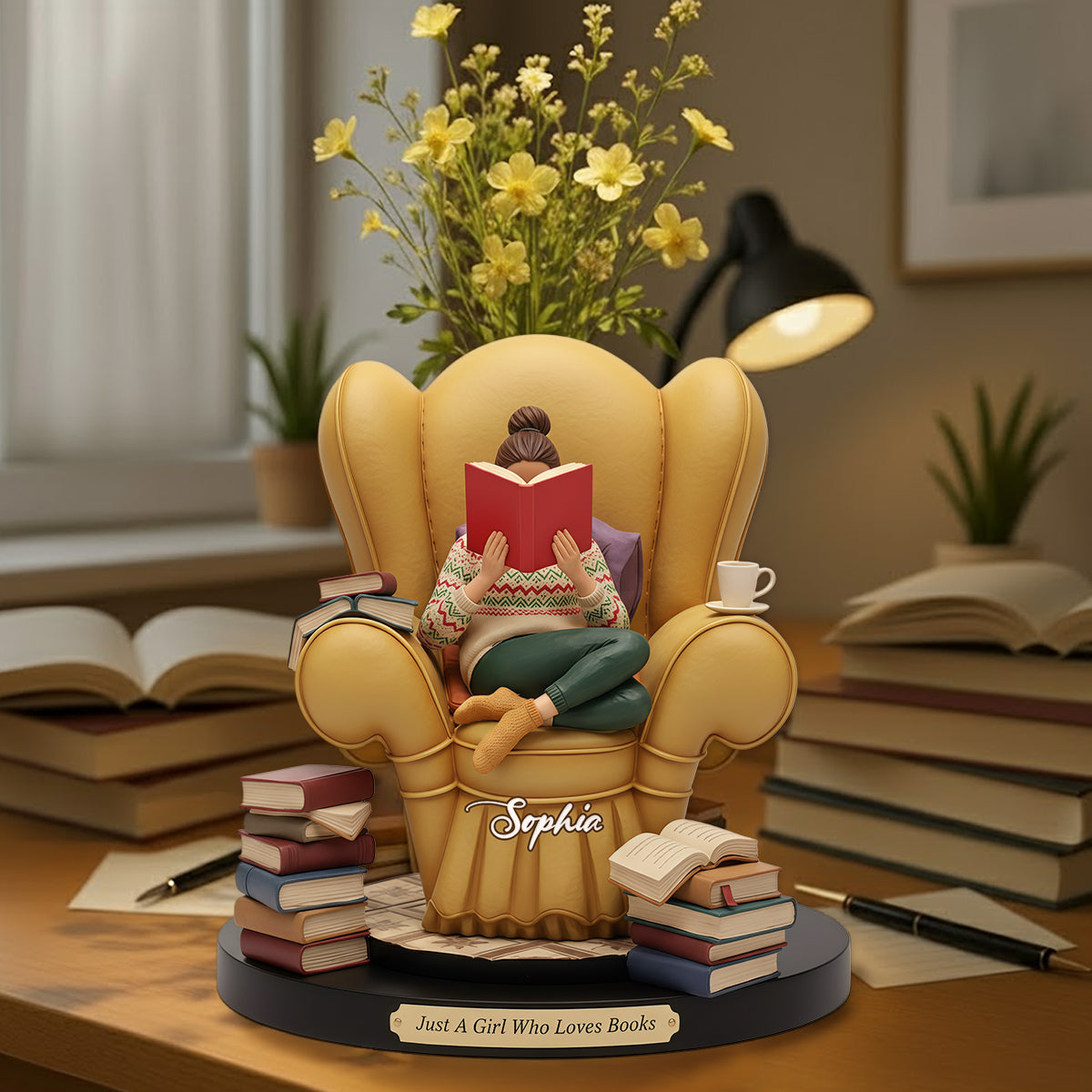 Einfach ein Mädchen, das Bücher liebt – personalisierte Acryl-Blumenvase in Buchform