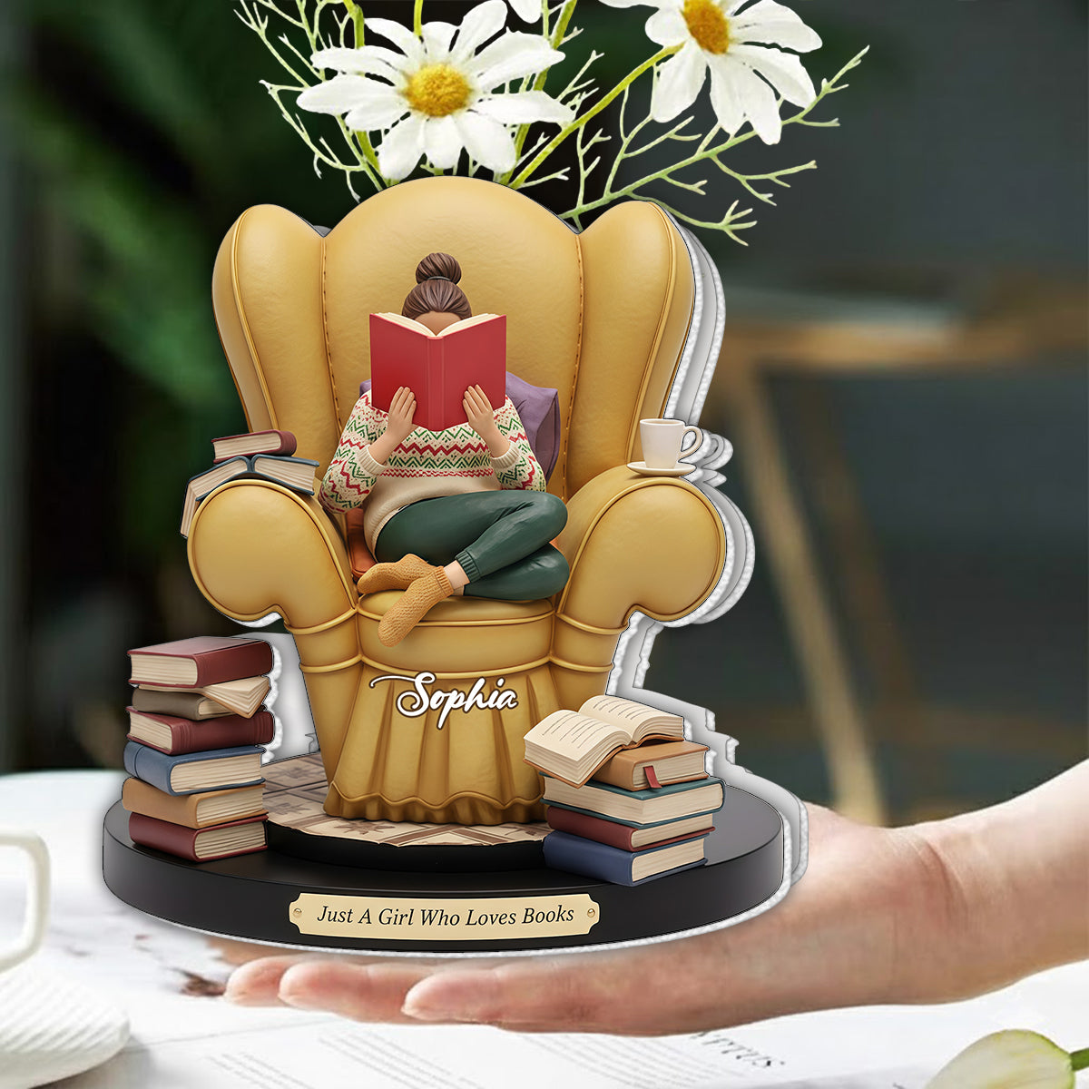 Einfach ein Mädchen, das Bücher liebt – personalisierte Acryl-Blumenvase in Buchform