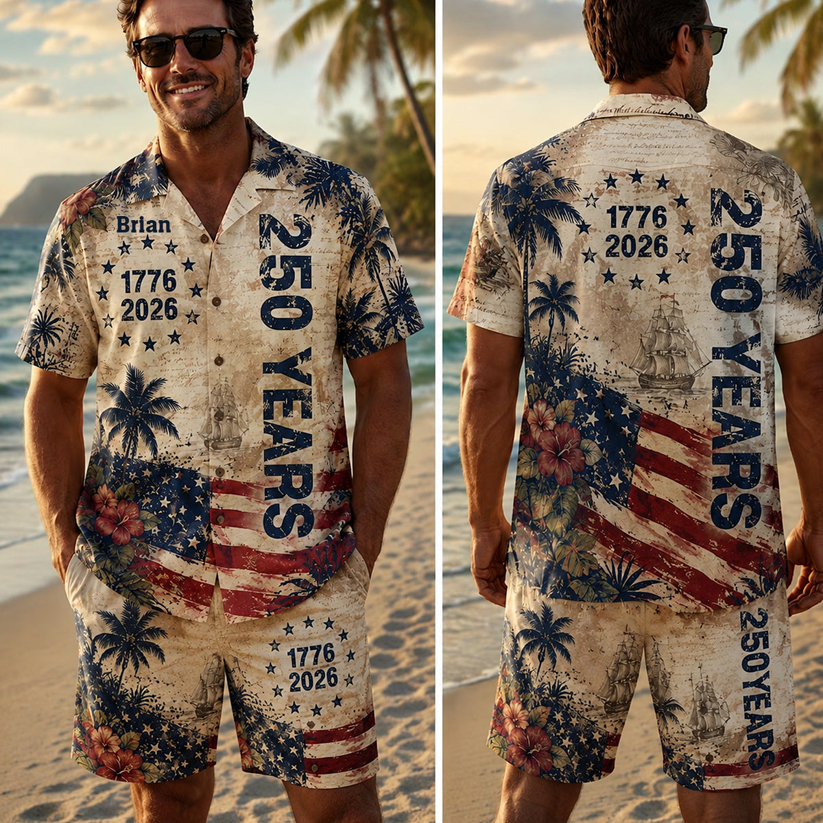 250 Jahre Vintage US Unabhängigkeitstag Aloha Hemd & Hosen Set - Personalisierbares Hemd zum Unabhängigkeitstag/ 4. Juli Hawaiian Shirt & Herren Shorts
