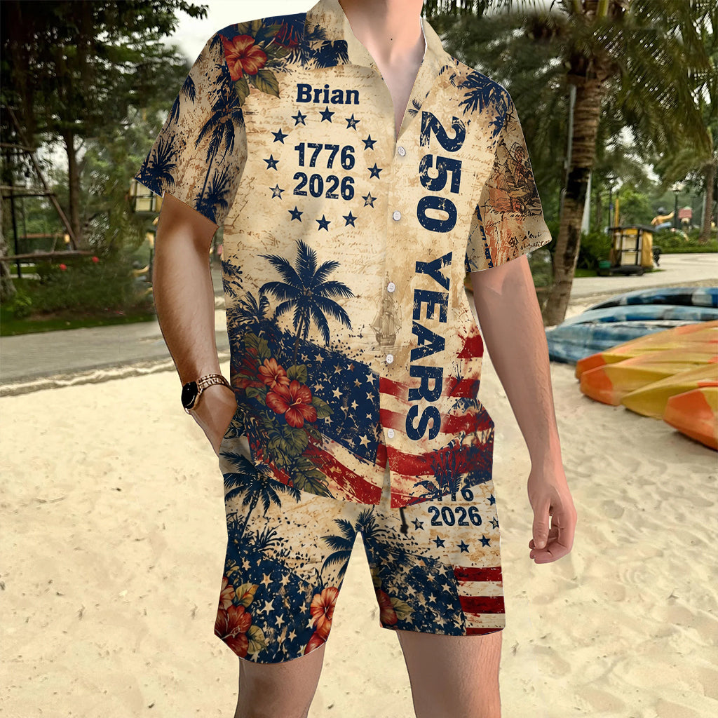 250 Jahre Vintage US Unabhängigkeitstag Aloha Hemd & Hosen Set - Personalisierbares Hemd zum Unabhängigkeitstag/ 4. Juli Hawaiian Shirt & Herren Shorts