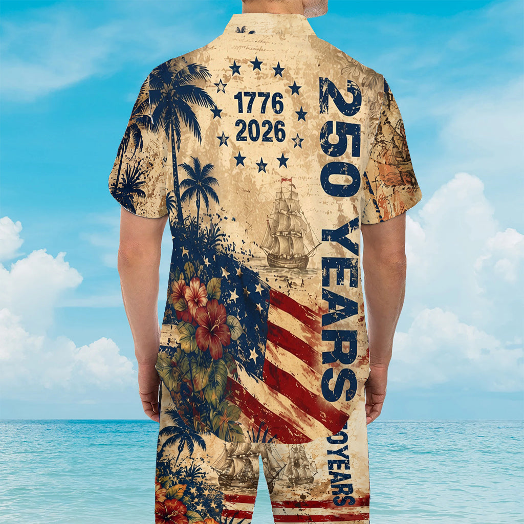250 Jahre Vintage US Unabhängigkeitstag Aloha Hemd & Hosen Set - Personalisierbares Hemd zum Unabhängigkeitstag/ 4. Juli Hawaiian Shirt & Herren Shorts