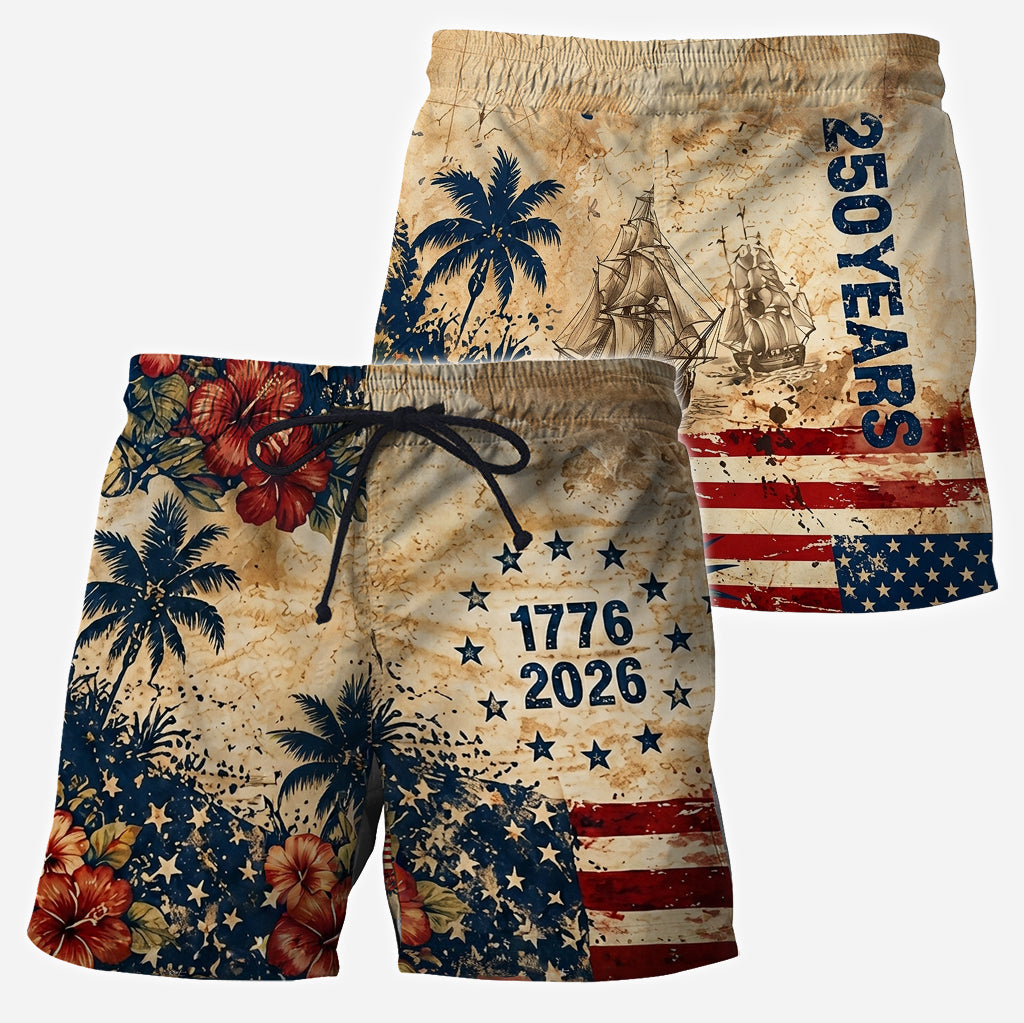 250 Jahre Vintage US Unabhängigkeitstag Aloha Hemd & Hosen Set - Personalisierbares Hemd zum Unabhängigkeitstag/ 4. Juli Hawaiian Shirt & Herren Shorts