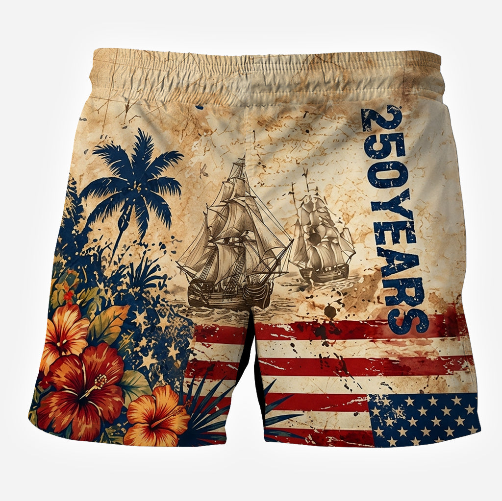 250 Jahre Vintage US Unabhängigkeitstag Aloha Hemd & Hosen Set - Personalisierbares Hemd zum Unabhängigkeitstag/ 4. Juli Hawaiian Shirt & Herren Shorts