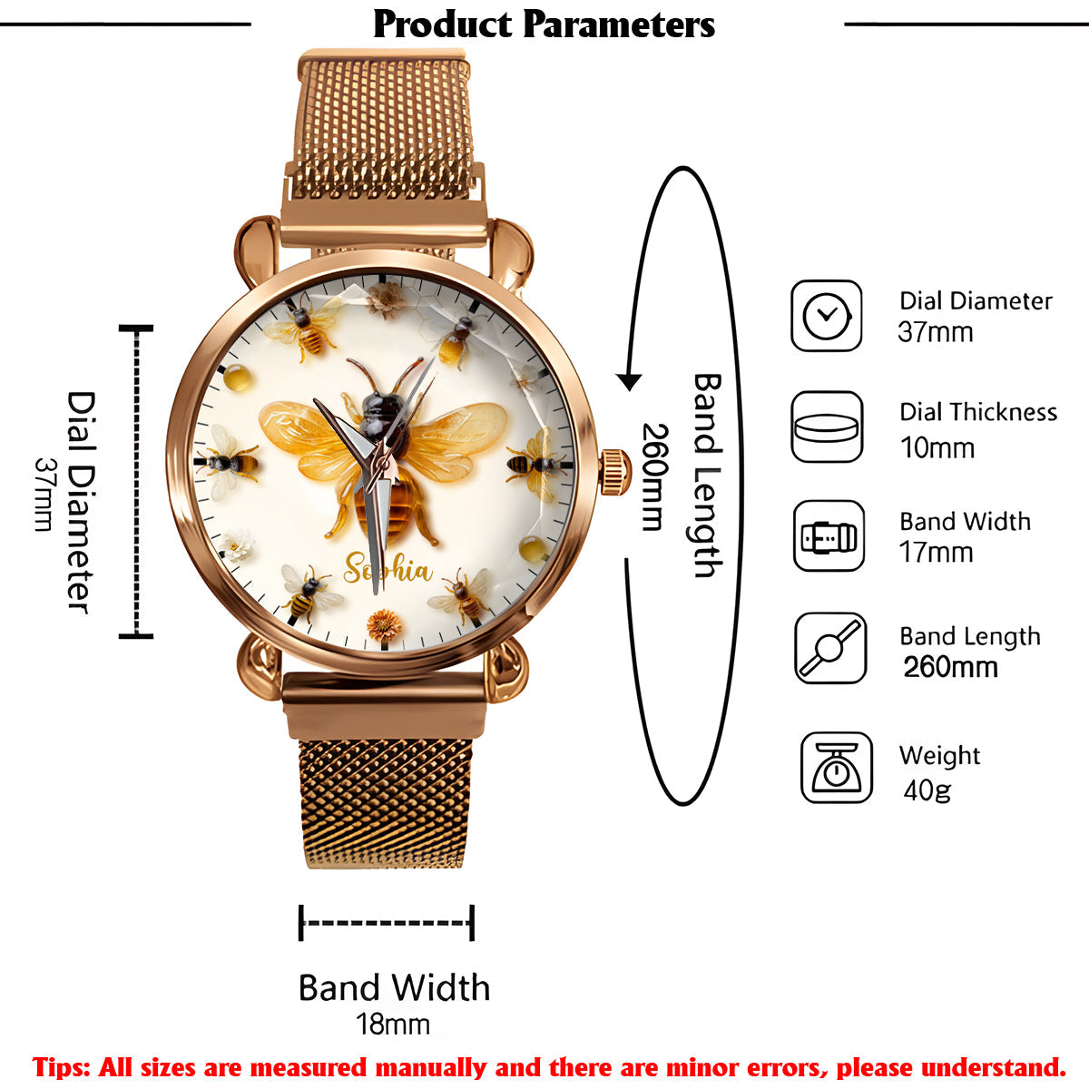 Einfach ein Mädchen, das Bienen liebt – personalisierte Damenhanduhr mit Bienenmotiv 