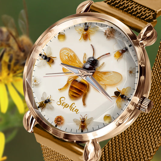 Einfach ein Mädchen, das Bienen liebt – personalisierte Damenhanduhr mit Bienenmotiv 