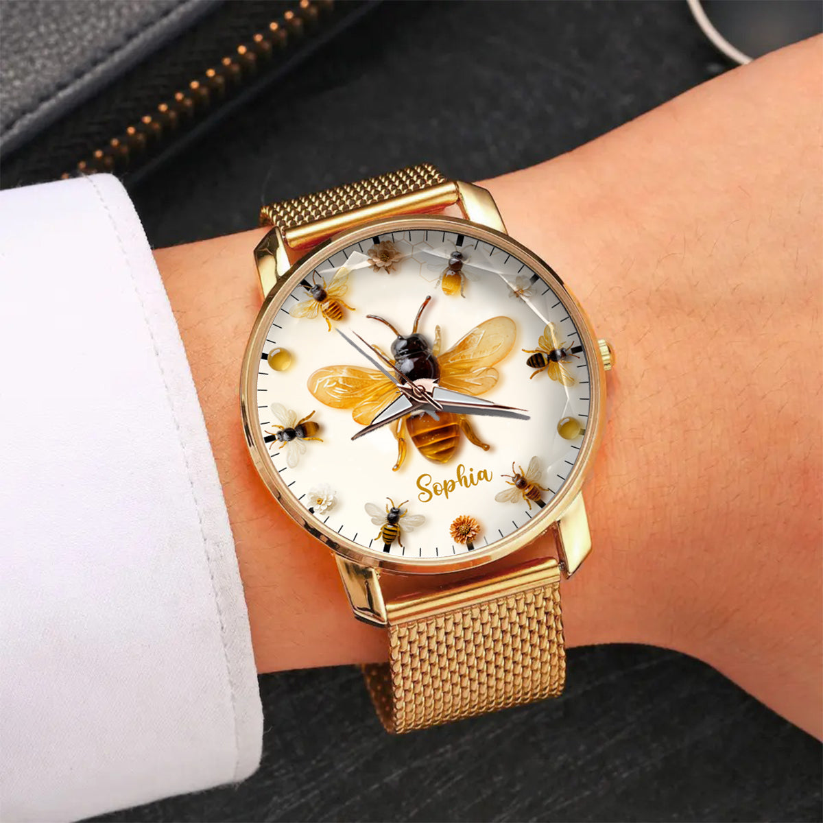 Einfach ein Mädchen, das Bienen liebt – personalisierte Damenhanduhr mit Bienenmotiv 