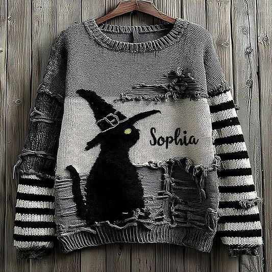 Black Cat With Witch Hat - Personalized Witch Ugly Sweater