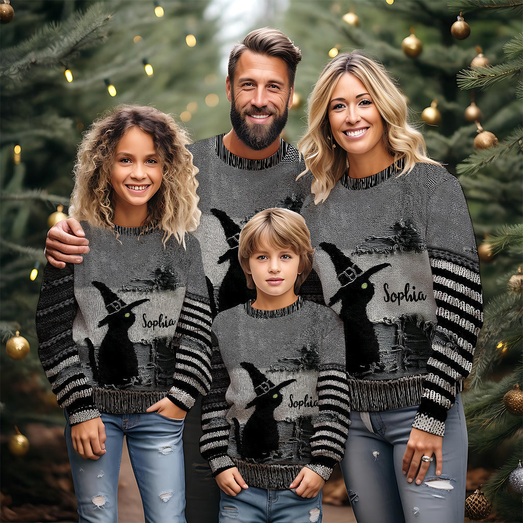 Schwarze Katze mit Hexenhut - Personalisierter Hexenpullover