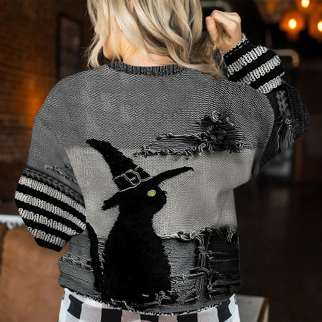 Schwarze Katze mit Hexenhut - Personalisierter Hexenpullover