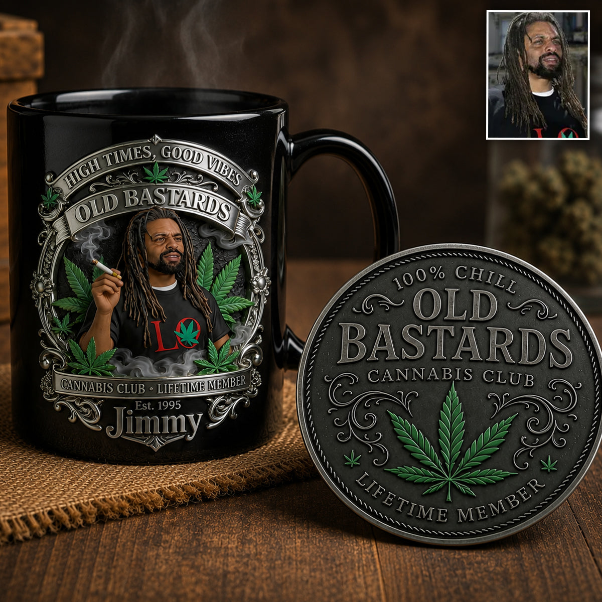 Old Bastards Cannabis Club Lebenslanges Mitglied - Personalisierte Weed Akzent Tasse & Untersetzer