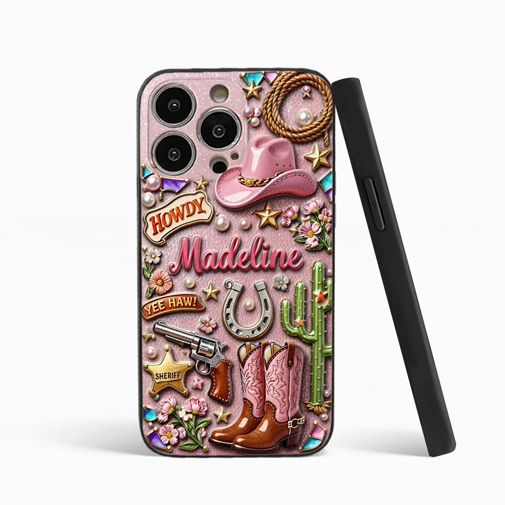 Cowgirl Gift, Whimsical Wild West Western - Personalized Cowgirl 3D Embossed Leather Phone Case