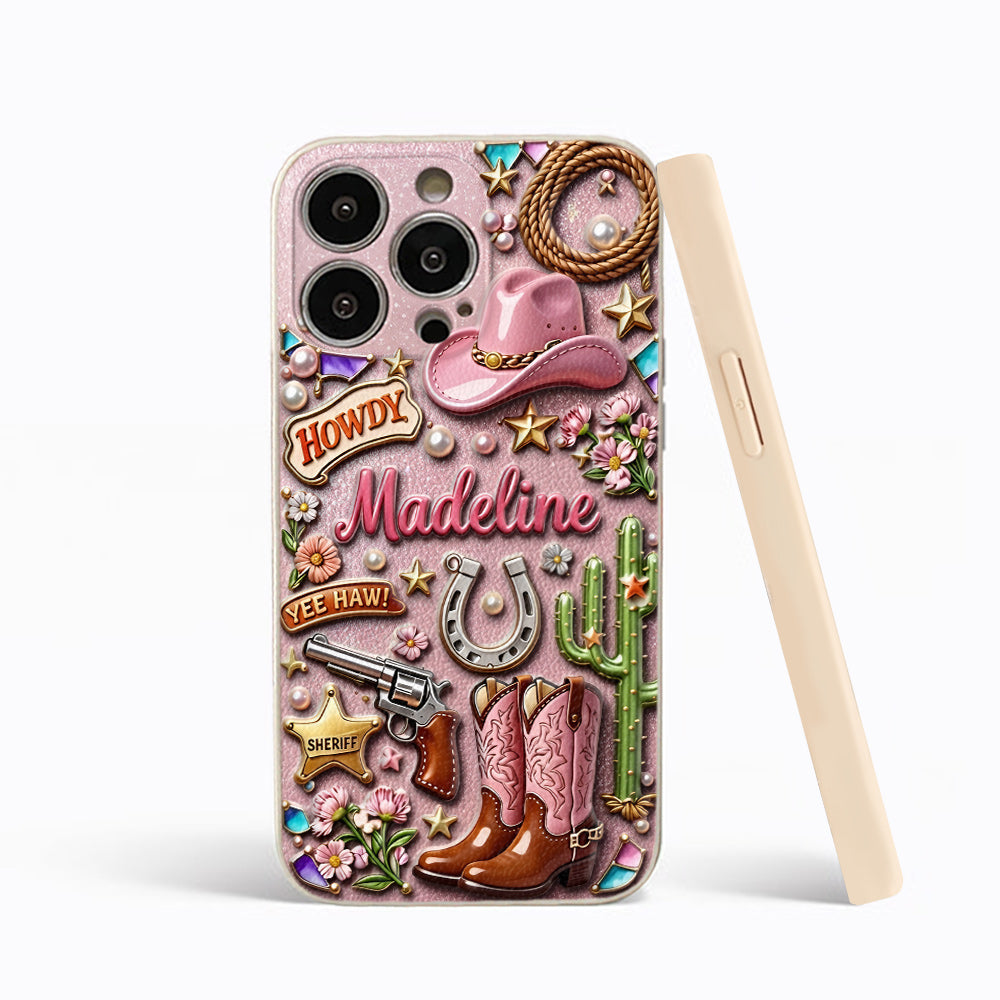 Cowgirl Gift, Whimsical Wild West Western - Personalized Cowgirl 3D Embossed Leather Phone Case