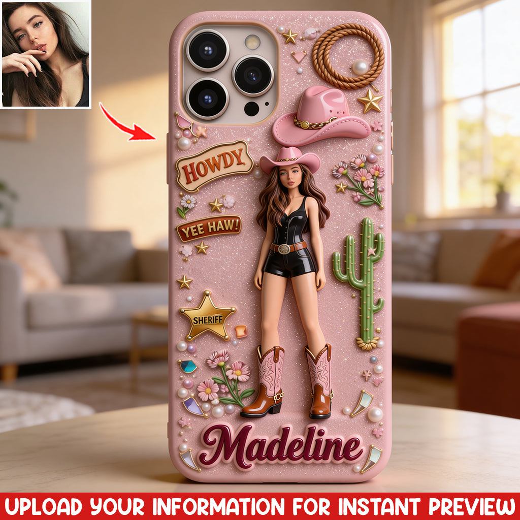 Cowgirl Gift, Whimsical Wild West Western - Personalized Cowgirl 3D Embossed Leather Phone Case