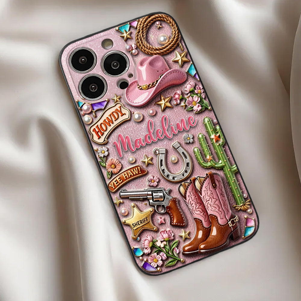 Cowgirl Gift, Whimsical Wild West Western - Personalized Cowgirl 3D Embossed Leather Phone Case