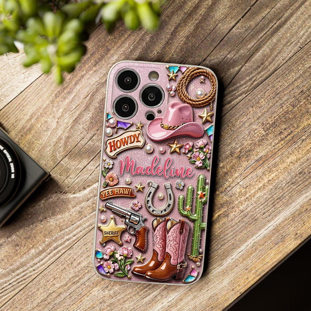 Cowgirl Gift, Whimsical Wild West Western - Personalized Cowgirl 3D Embossed Leather Phone Case