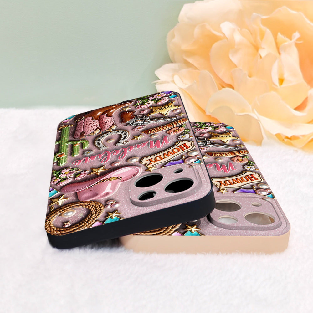 Cowgirl Gift, Whimsical Wild West Western - Personalized Cowgirl 3D Embossed Leather Phone Case