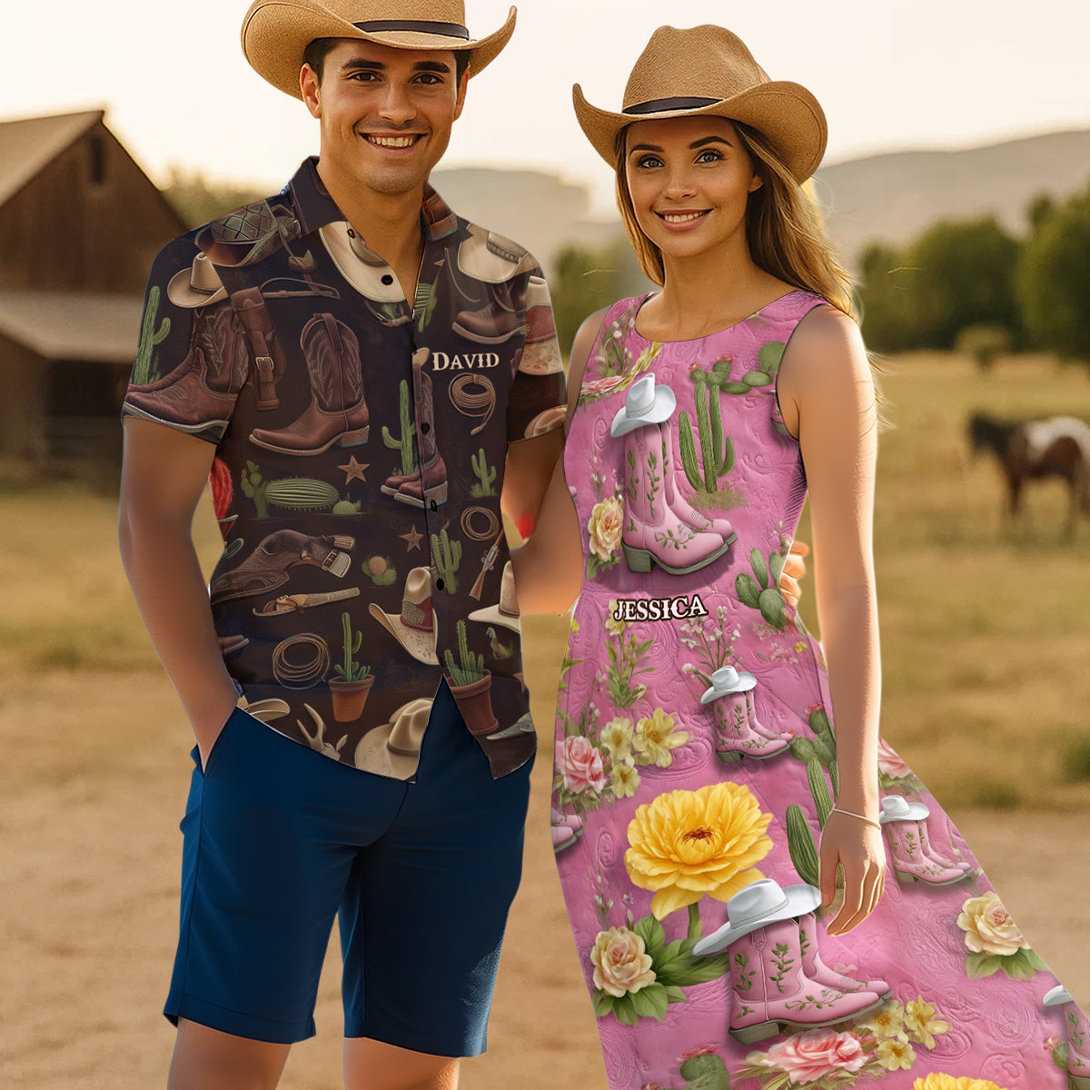 Du und ich, wir schaffen das – Personalisiertes Hawaiihemd und ärmelloses Kleid im Country-Girl-Stil
