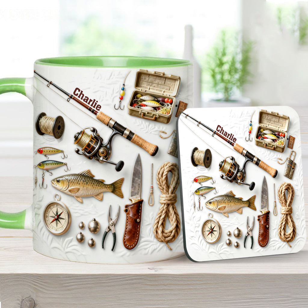 Liebe zum Angeln – Personalisierte Tasse und Untersetzer mit Angelmotiv