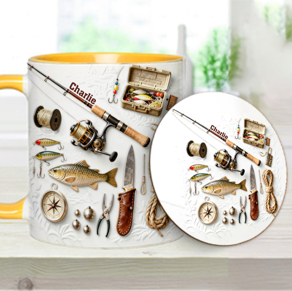 Liebe zum Angeln – Personalisierte Tasse und Untersetzer mit Angelmotiv