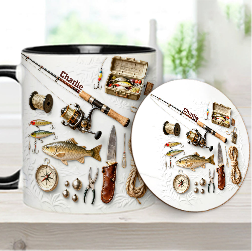 Liebe zum Angeln – Personalisierte Tasse und Untersetzer mit Angelmotiv