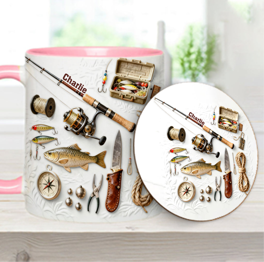 Liebe zum Angeln – Personalisierte Tasse und Untersetzer mit Angelmotiv