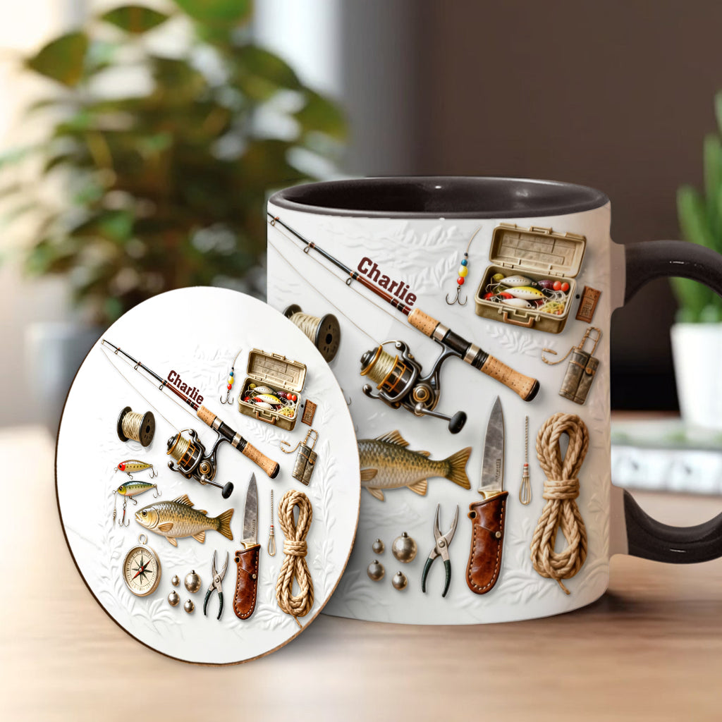Liebe zum Angeln – Personalisierte Tasse und Untersetzer mit Angelmotiv