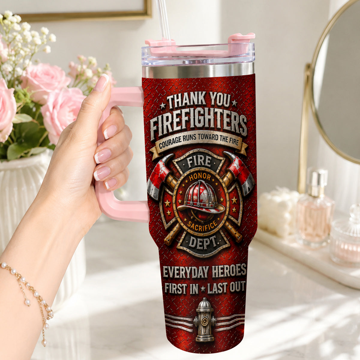 Thank You Firefighters Gift - Personalized Firefighter Tumbler With Handle