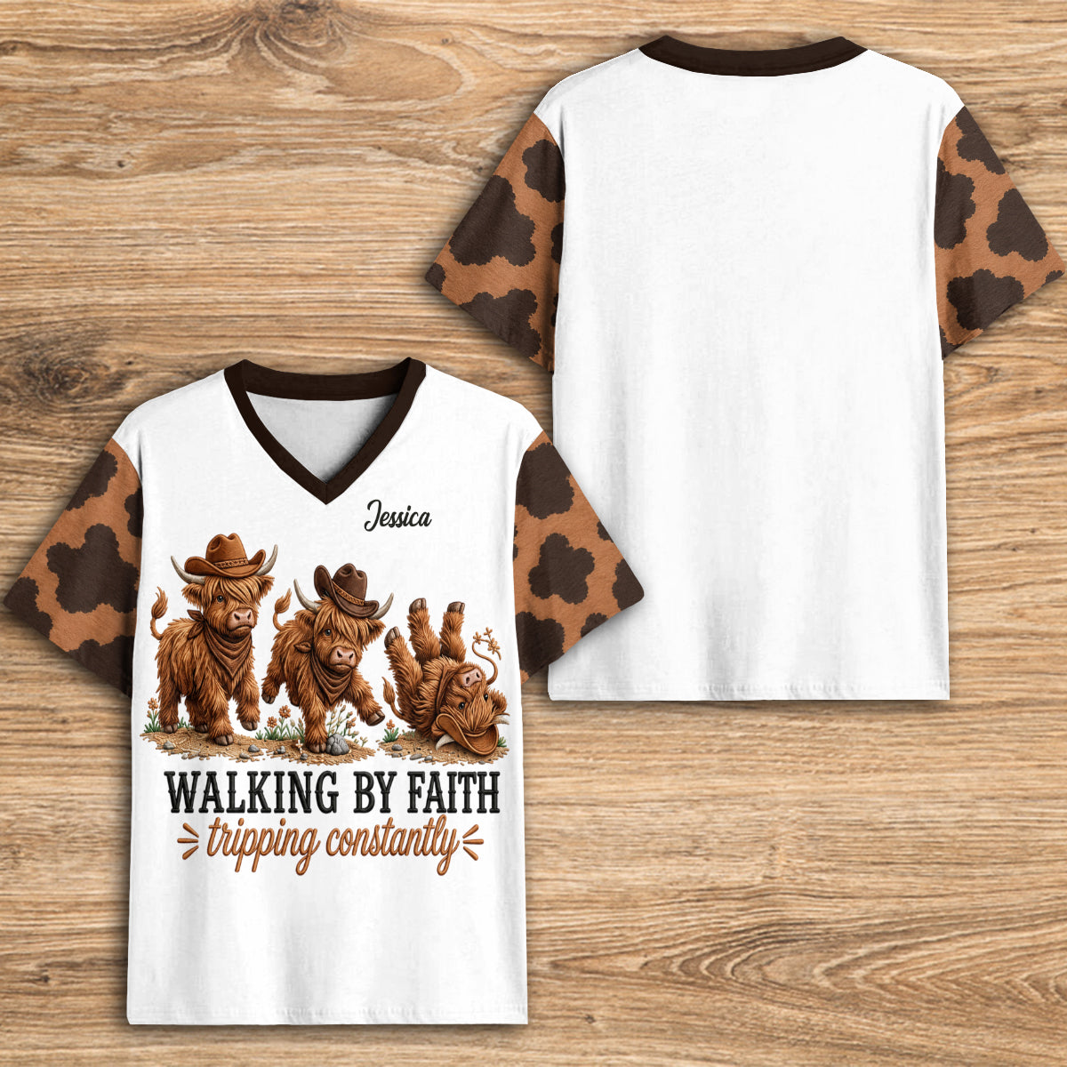 Walking By Faith Tripping Constantly - Personalized Highland Cow Fully Printed V-Neck T-Shirt