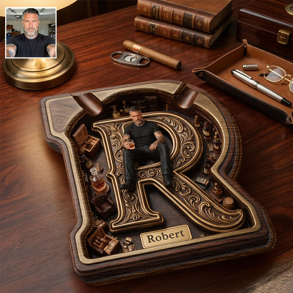 Any Photo Monogram Ashtray - Personalized Real Men Wood Tray