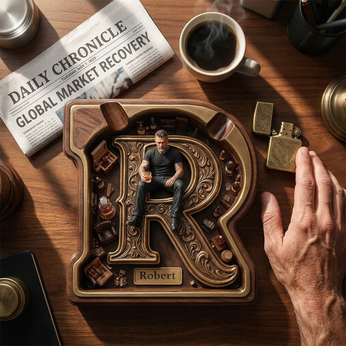 Any Photo Monogram Ashtray - Personalized Real Men Wood Tray