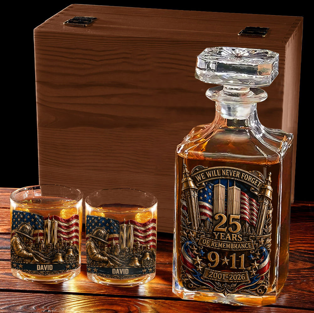 25 Years We Will Never Forget - Personalized Patriot Whiskey Decanter Set