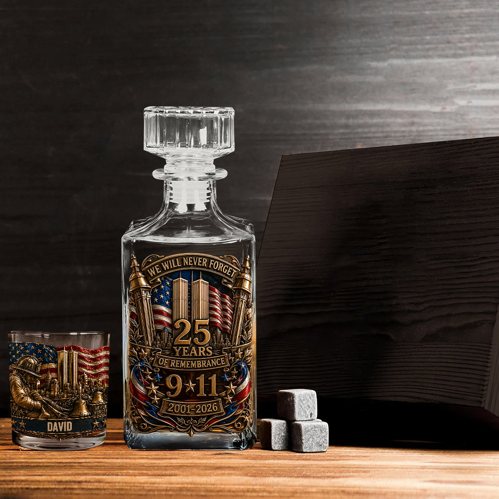 25 Years We Will Never Forget - Personalized Patriot Whiskey Decanter Set