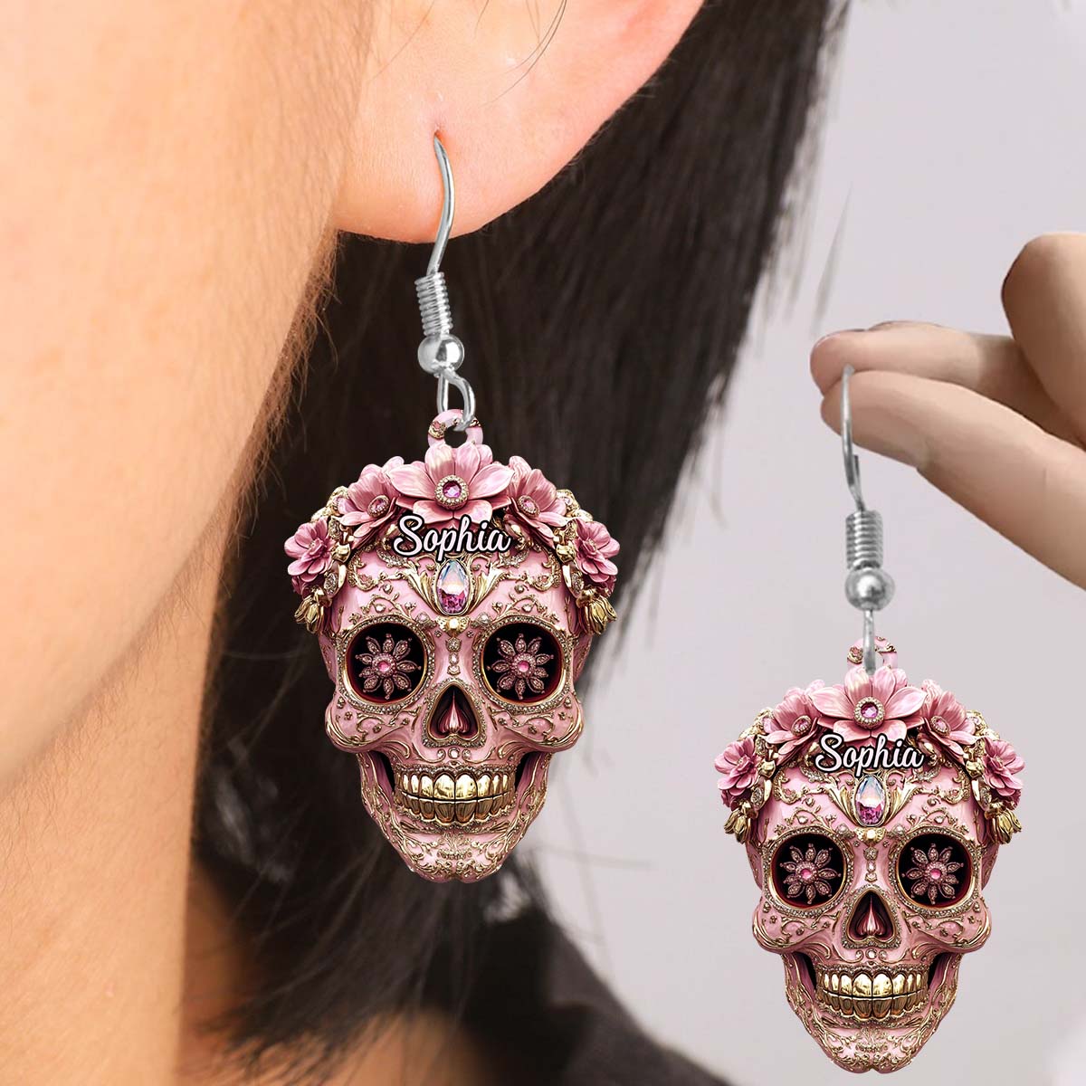 Wunderschöner rosa Totenkopf – Personalisierte transparente Totenkopf-Ohrringe