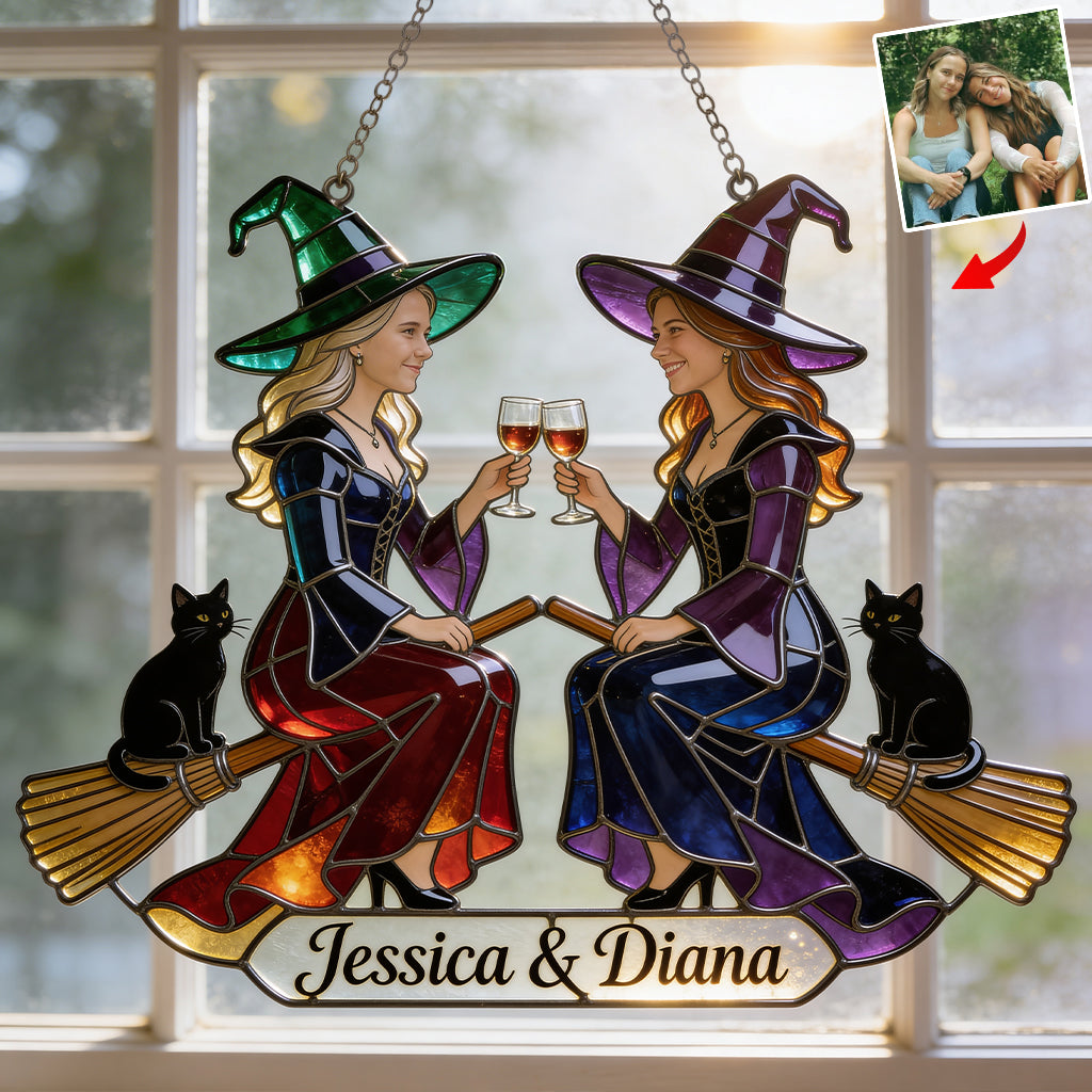 Custom Any Photo - Witch Besties - Personalized Witch Window Hanging Suncatcher Ornament