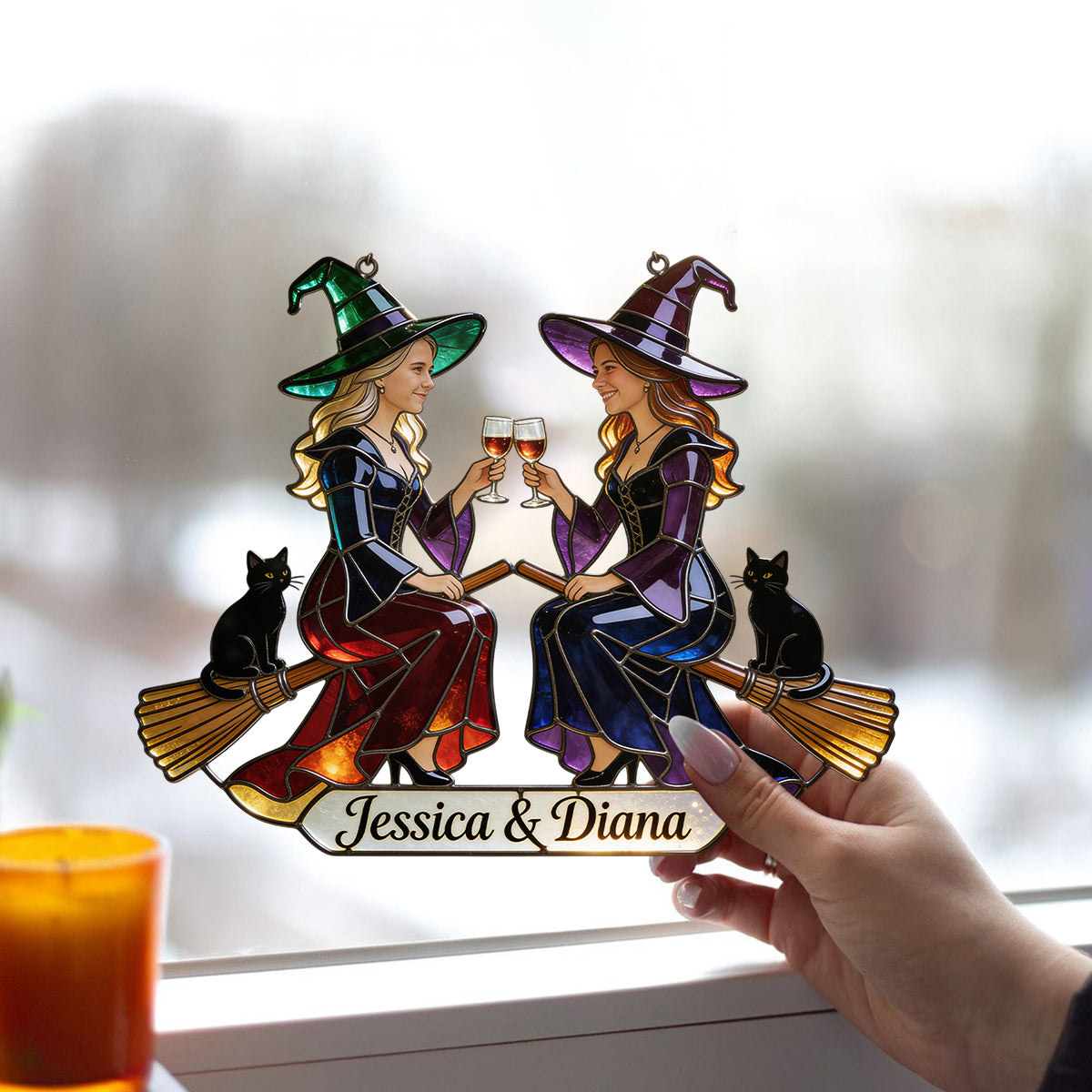 Custom Any Photo - Witch Besties - Personalized Witch Window Hanging Suncatcher Ornament