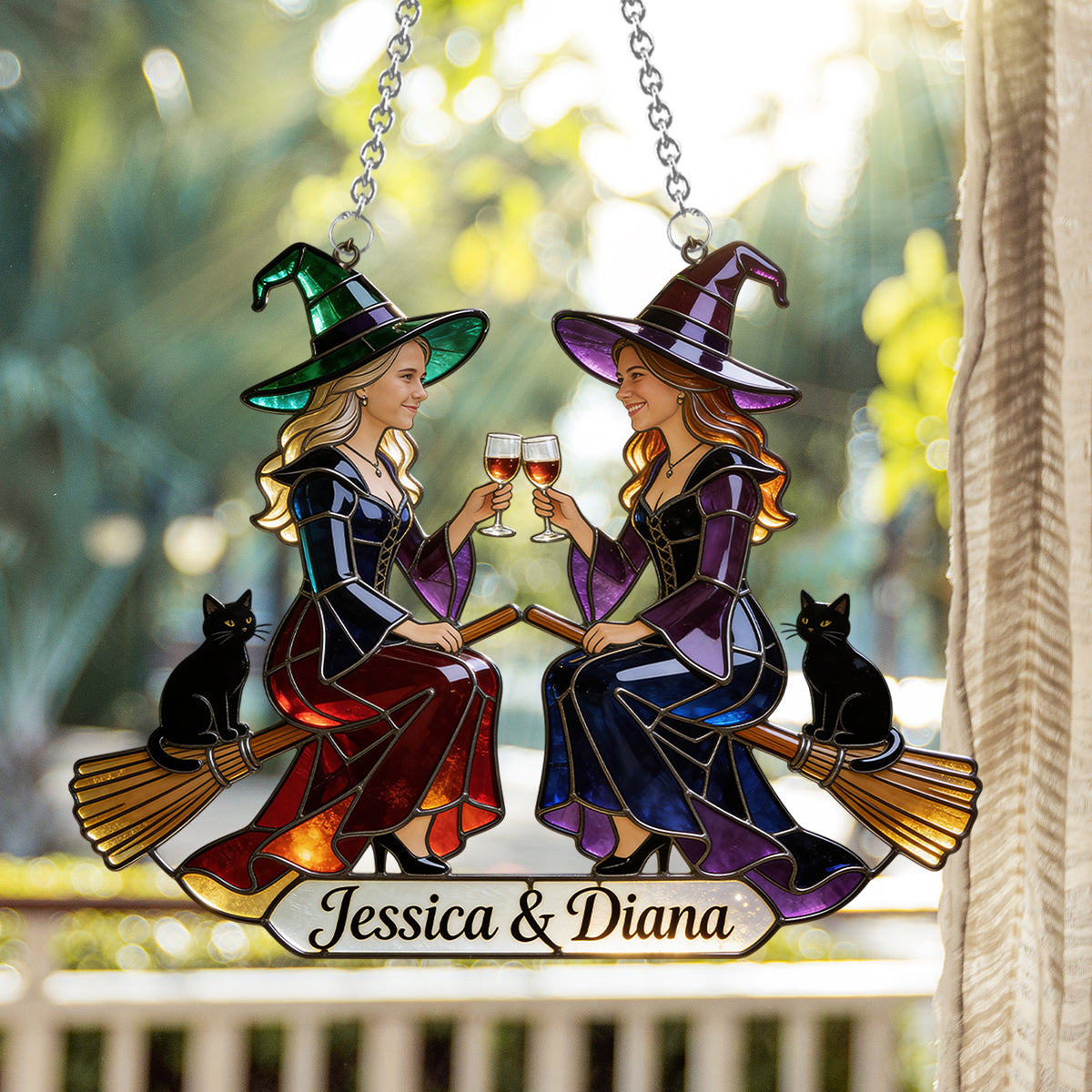 Custom Any Photo - Witch Besties - Personalized Witch Window Hanging Suncatcher Ornament